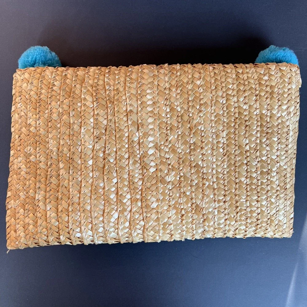 SHIRALEAH Fortuna Turquoise Teal Pom Pom Clutch Purse Chicago Envelope Bag Straw